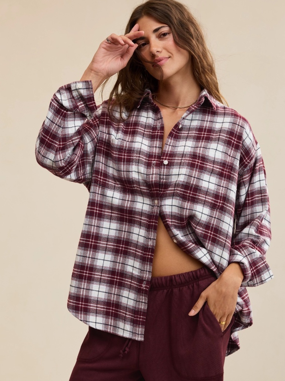 NWT! Aerie Anytime Fave Flannel Oversized Shirt - Deep Ruby